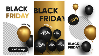 Black friday sale for social media, instagram stories and post, mobile app, banners, cards. set of 3 stories template with balloons.