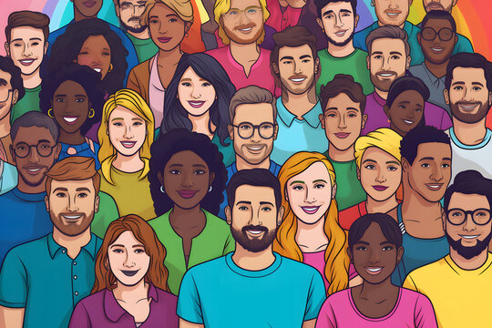 Illustrated diverse group of people with a variety of expressions against a light background