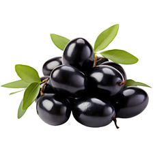 black olives with leaves isolated on transparent or white background