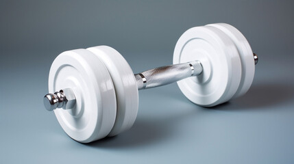 Illustration of a white and metal dumbbell on a grey monochrome background. Wallpaper.