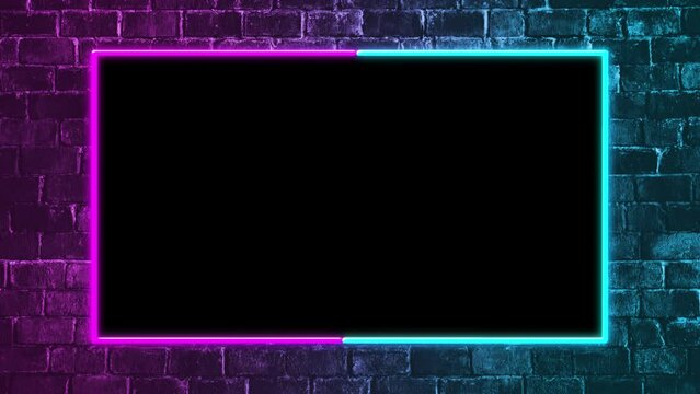 Neon frame isolated by alpha channel. Seamless loop.Animated facecam or webcam. Neon lights rotate and spread colorful light on the brick wall.Drag and drop use.blue and purple background.