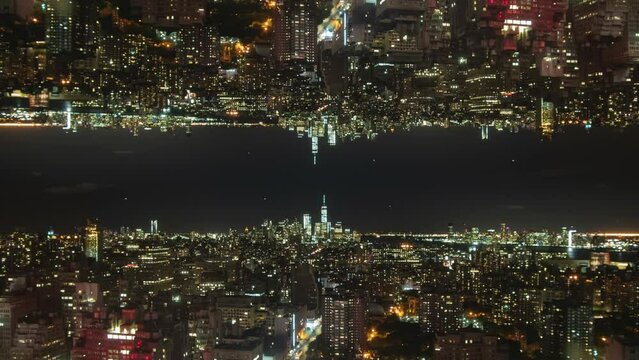 Aerial panoramic hyperlapse shot of metropolis at night. NYC, USA. Abstract computer effect digital composed footage
