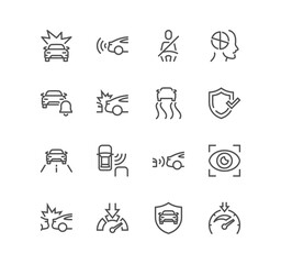 Set of car safety related icons, speed limiter, stability system, child safety, traffic safety laws lane control front and back parking sensors and linear variety vectors. - obrazy, fototapety, plakaty
