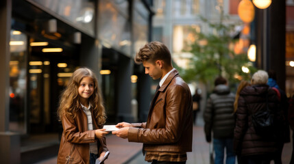 Agitation, distribution of material or advertising of goods. Agitator on the street offers a passer by to a girl to take a leaflet.