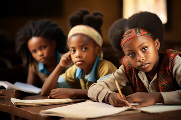 A photograph featuring a cheerful group of African primary school black students diligently studying and taking notes together in a classroom. Generative AI. - obrazy, fototapety, plakaty