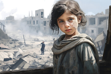 Young girl stands in rubble with ruined city behind