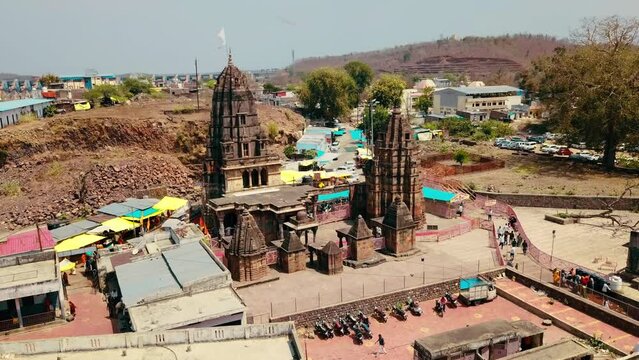 Aerial view of Omkareswar, Dwadash Jyotirling on banks of Narmada river, Madhya Pradesh, India.