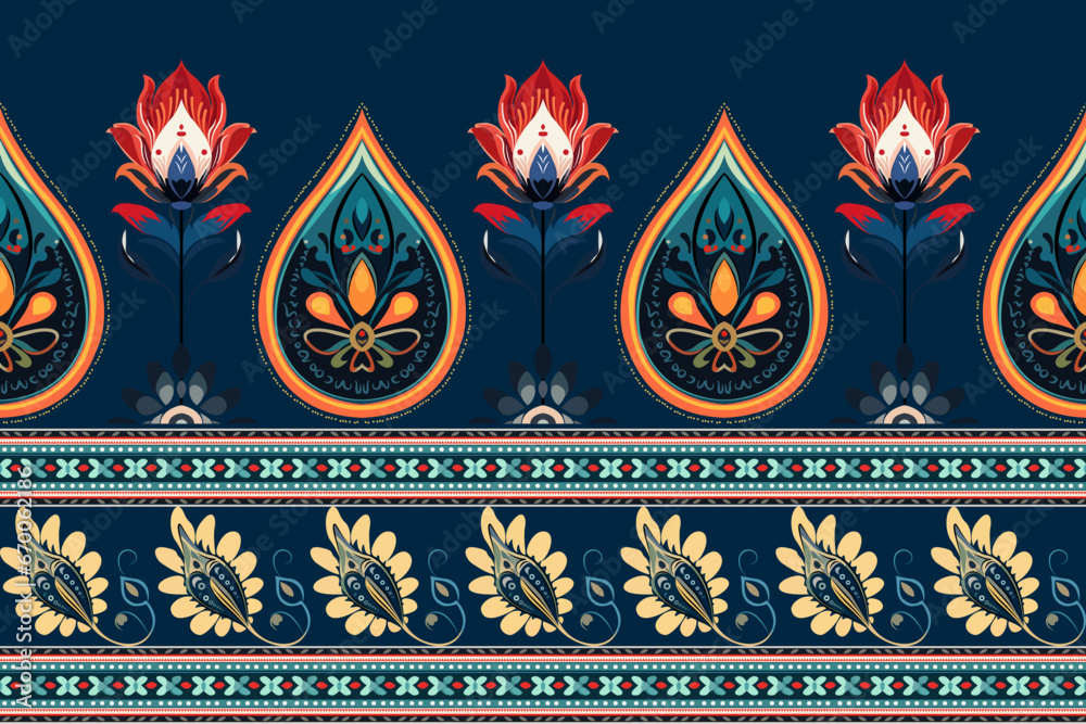 Wall mural Abstract ethnic border seamless pattern flower design. Aztec fabric boho mandalas textile wallpaper. Tribal native motif African American sari elegant embroidery vector background 