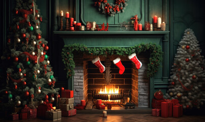 Fototapeta premium fireplace nearby Christmas tree fluffy with toys new year background