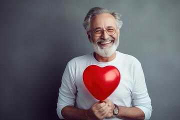 A gray-haired elderly man with a red balloon heart smiles on gray background. Holiday concept, Valentine's Day, congratulations, declaration of love - obrazy, fototapety, plakaty