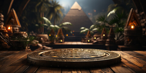 Ancient golden product display podium, background with Egyptian pyramids and palm trees. - obrazy, fototapety, plakaty
