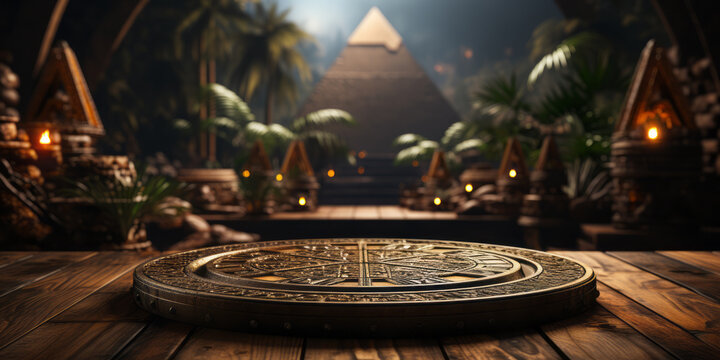 Ancient golden product display podium, background with Egyptian pyramids and palm trees.