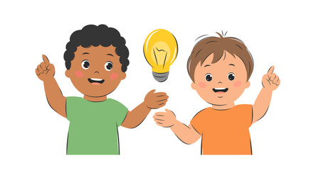 Kids with an idea, with lightbulb. Cartoon characters boys for children design. Knowledge, creative thinking and education concept. Vector illustration