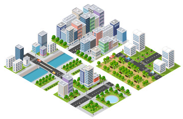 Isometric 3D illustration City with river embankment with people walking bridges - obrazy, fototapety, plakaty