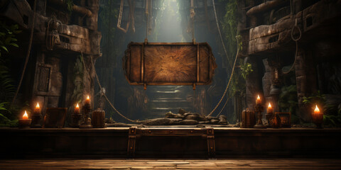Wooden scene podium, wooden frame board hanging in the jungle. - obrazy, fototapety, plakaty