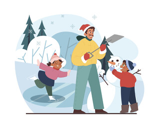 Christmas celebration. Cute family members, father and children building and decorating a snowman on winter holiday. Festive season outside leisure. Flat vector illustration