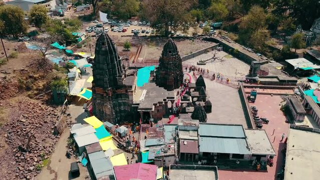 Aerial view of Omkareswar, Dwadash Jyotirling on banks of Narmada river, Madhya Pradesh, India.
