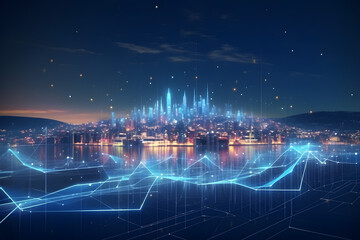 City with blue digital lines and illuminated buildings