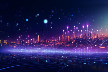 Shimmering city beneath a digital sky with an orange glow