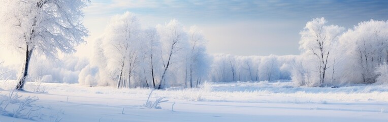panoramic photo of the trees covered with snow in the Snowland