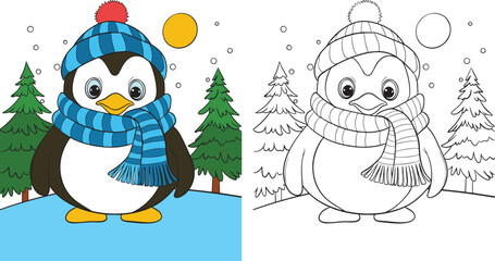 Cute Christmas Penguin Cartoon. Black and white lines. Coloring page for kids. Activity Book.