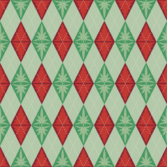 Argyle style fabric pattern christmas tree and marijuana leaves. Abstract background seamless green and red diamond shape. Texture design for textiles, clothes, posters, walls. Vector illustration.