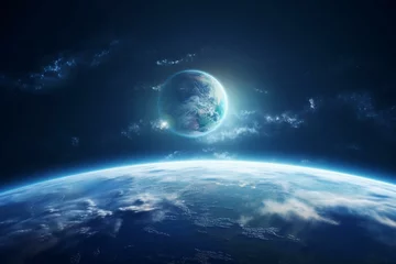 Fotobehang 3D illustration of Earth from space with ocean, atmosphere, land, and clouds. Generative AI © Quiana