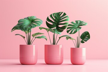 3D render of pink potted Monstera plants against pink backdrop. Generative AI