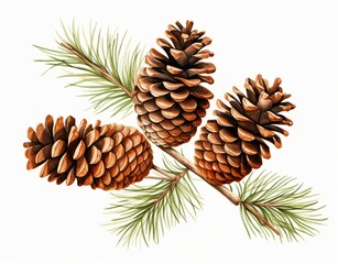 Three Pine Cones on a Branch with Needles