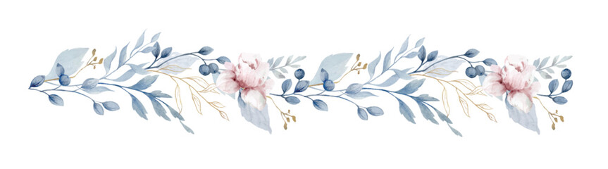 Watercolor vector floral border. Dusty blue, blush flowers and branches garland. Hand drawn illustration. - obrazy, fototapety, plakaty