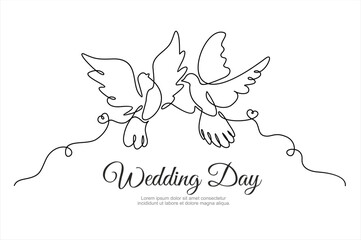 Continuous one line drawing of flying pigeons. Wedding day. Concept for logo, card, banner, poster