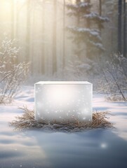 mockup of a podium that stands on the frozen grass for product presentation, on background winter forest, generative ai