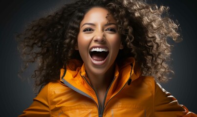 Young woman with curly hair and open mouth, singing with joy.