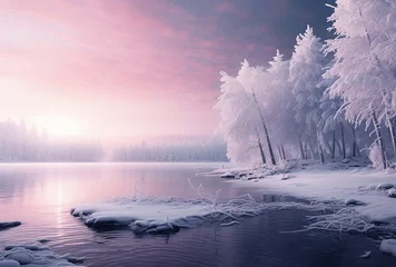 Zelfklevend Fotobehang A serene winter landscape with a frozen lake and snow-covered trees © Piotr