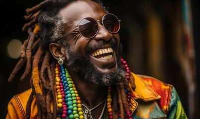 Smiling Jamaican adult with fashionable beard and tribal necklace in headshot portrait