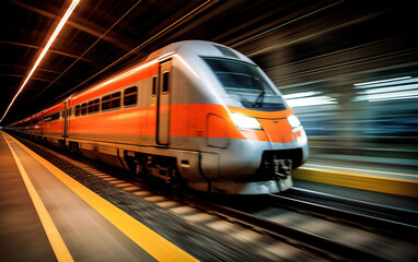 Fototapeta premium Fast-moving high-speed train,,created with Generative AI tecnology.