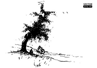 landscape handdrawn illustration tree silhouette. handdrawn ink sketch illustration. vector black and white outline