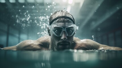Fototapeta na wymiar Portrait of swimmer in goggles and cap swimming underwater in pool.