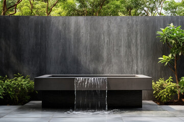 outdoor home modern water feature fountain waterfall as wide banner with copy space area for garden landscape design concepts - obrazy, fototapety, plakaty