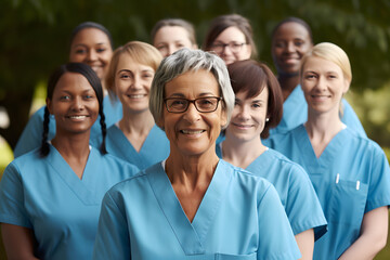 Group of female nurses in blue uniforms stand together outdoors