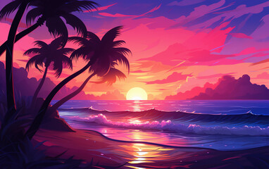 sunset beach palm trees landscape,created with Generative AI tecnology.