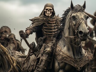 Black horseman skull of apocalypse riding black horse AI