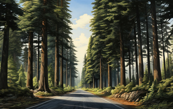 Coniferous forest and road,created with Generative AI tecnology.