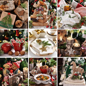 Beautiful Christmas collage with 9 moody photos of traditional decors and food