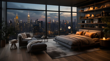 Camera da letto con arredamento moderno e colori scuri con ampia vetrata sulla città al tramonto