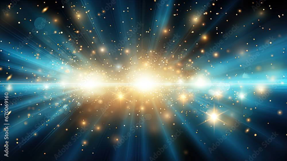 Poster abstract backgound with blue and orange light rays. god rays or light burst with bokeh.