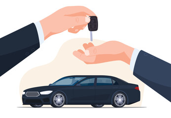 Hands hand over the keys to a business class car. Car sale, rent. Evaluation and comparison of cars. Insurance of your vehicle. Vector illustration