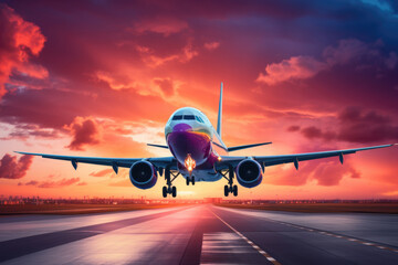 Commercial airplane taking off into colorful sky at sunset or sunrise - obrazy, fototapety, plakaty