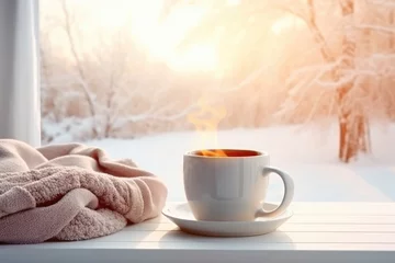 Foto op Plexiglas Cup of hot tea, coffee or chocolate with warm cozy blanket on window sill with sunny winter landscape outside © Ekaterina Pokrovsky