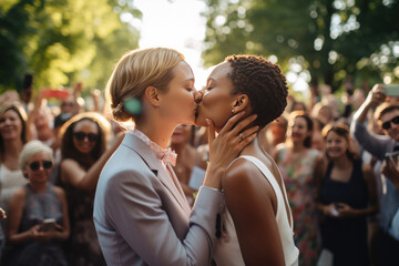 Two beautiful lesbian brides kissing on their wedding - Powered by Adobe